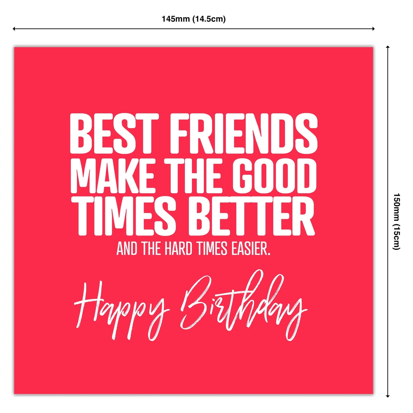 Funny best friends birthday card with bold white text on a bright pink background