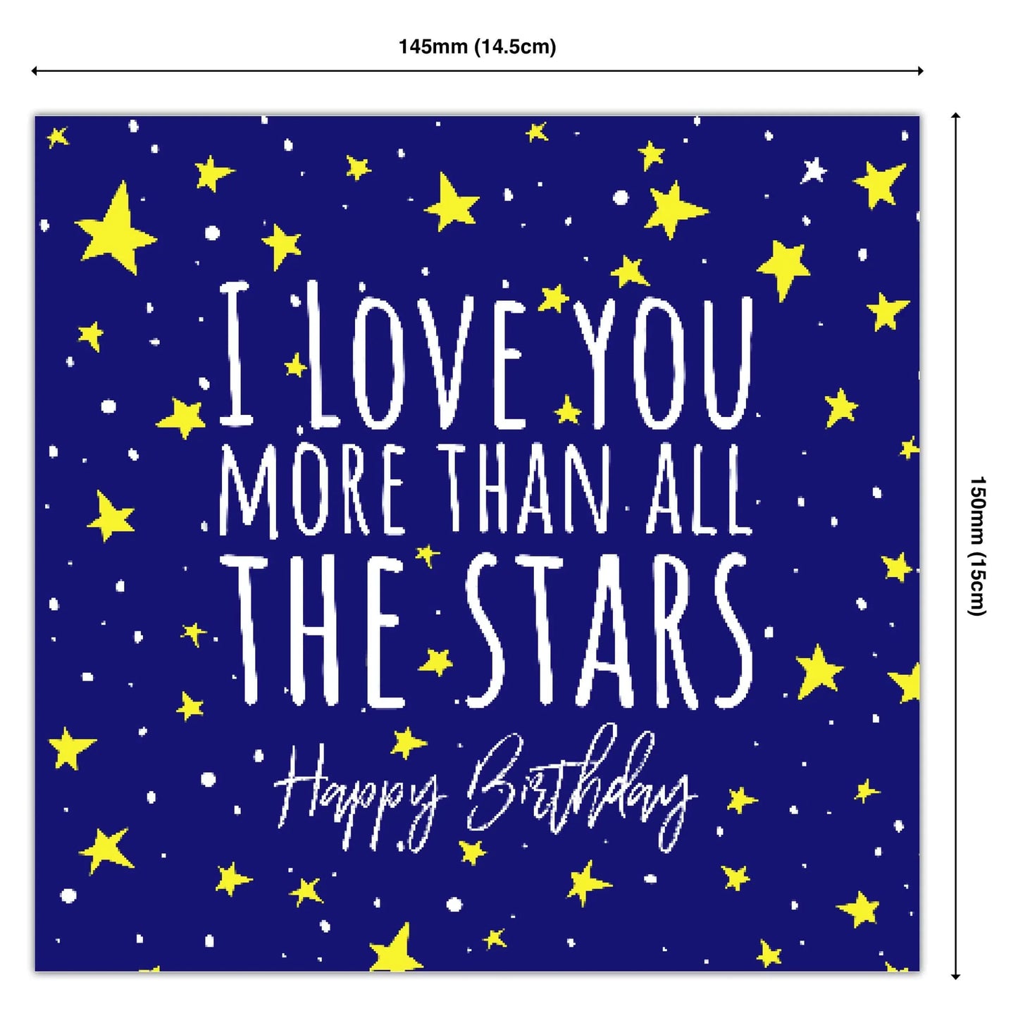Birthday greeting card with yellow stars on blue background and 'I love you more than all the stars' message
