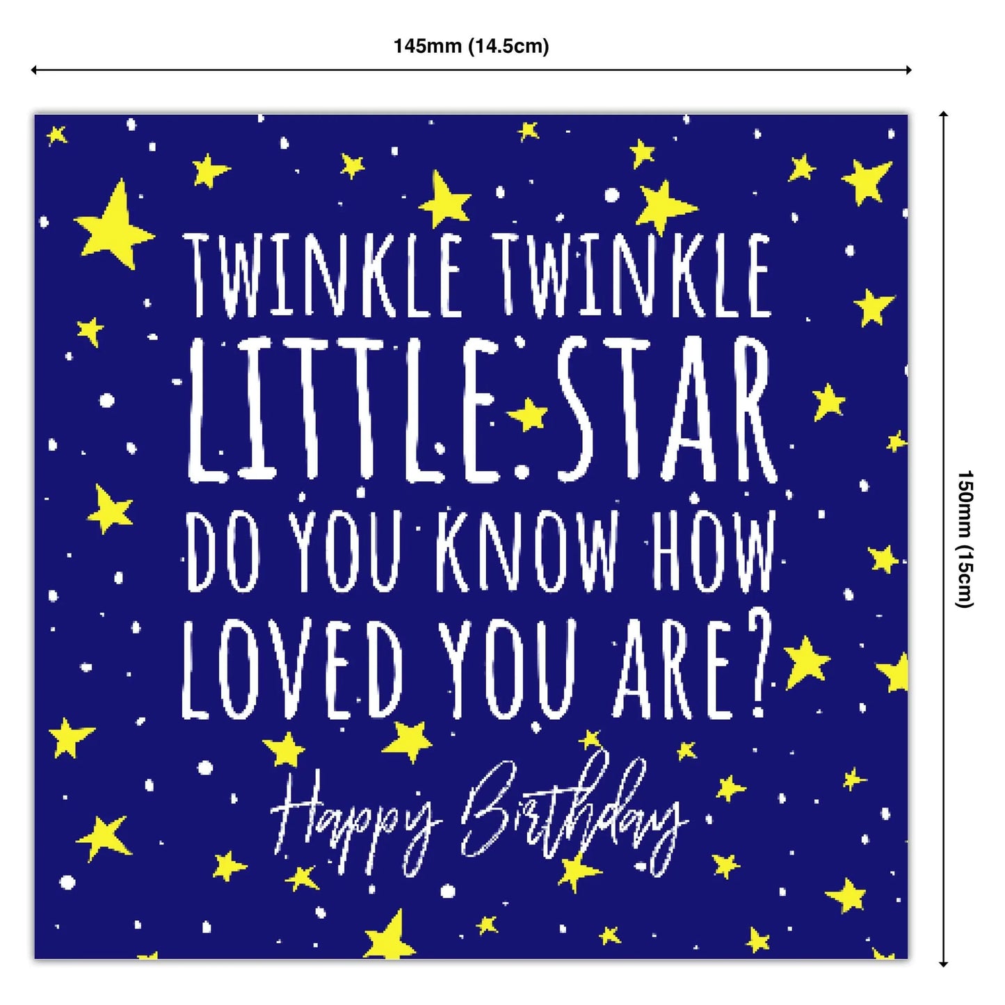 Birthday card with yellow stars and white text on blue, Twinkle Twinkle Little Star theme
