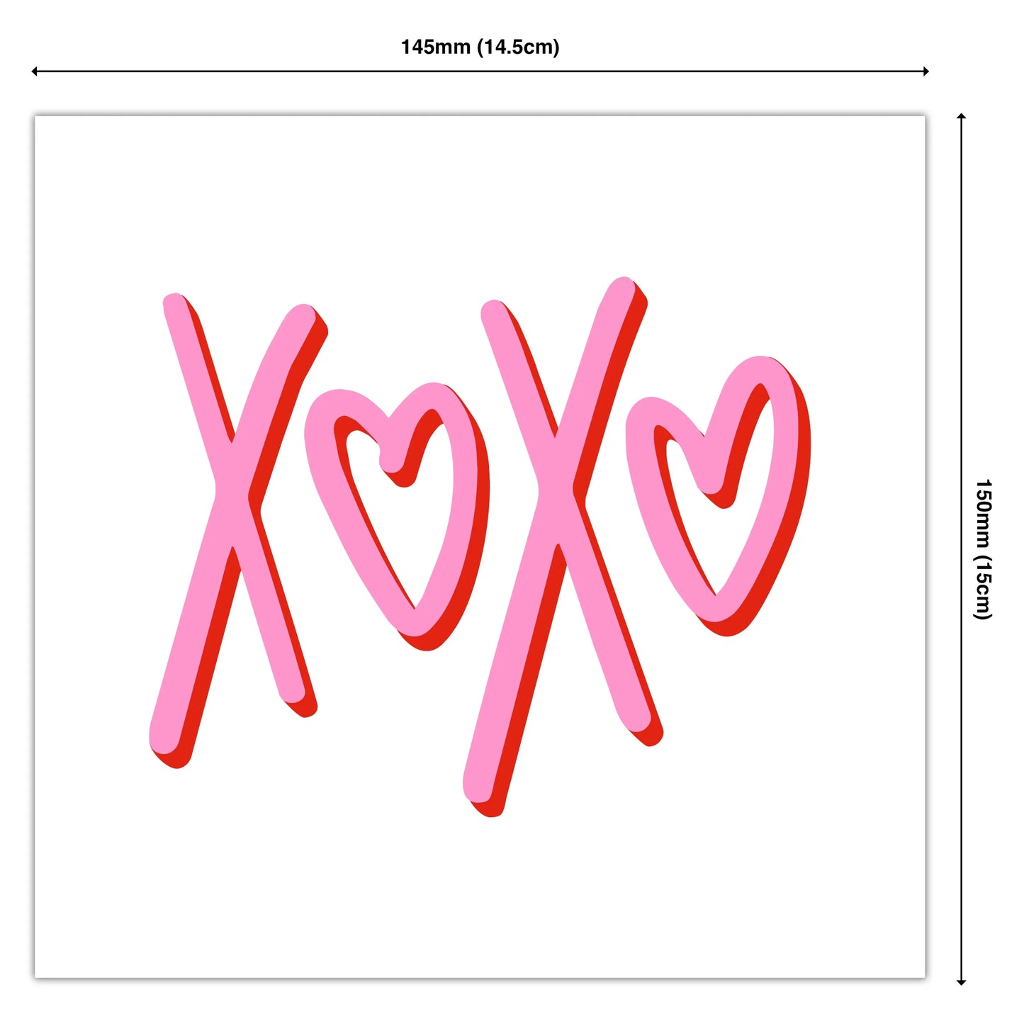 Funny greeting card with pink and red XOXO and heart doodles on a white background.