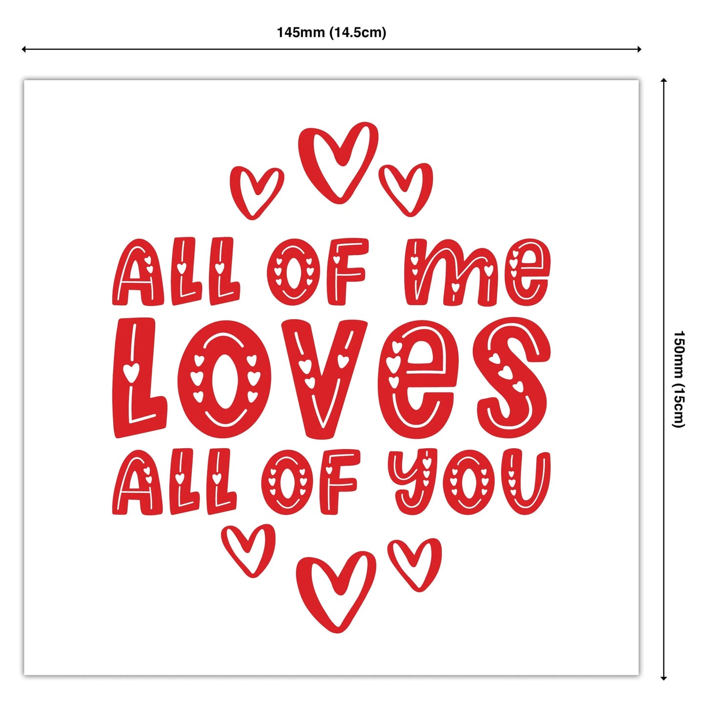 Red and white love greeting card with hand-drawn hearts and 'All of me loves all of you' text.