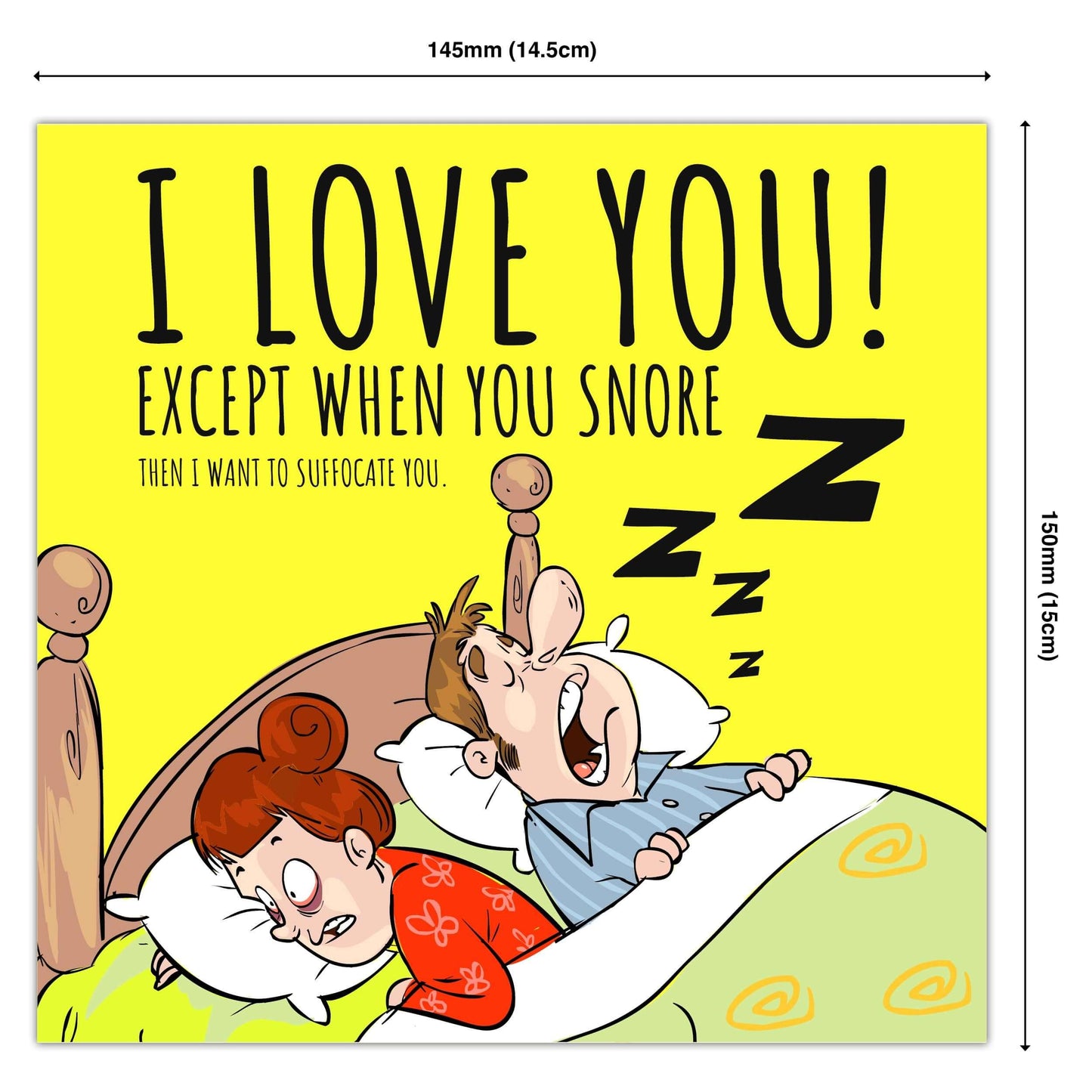 Funny illustrated greeting card with couple in bed, man snoring, humorous love message.