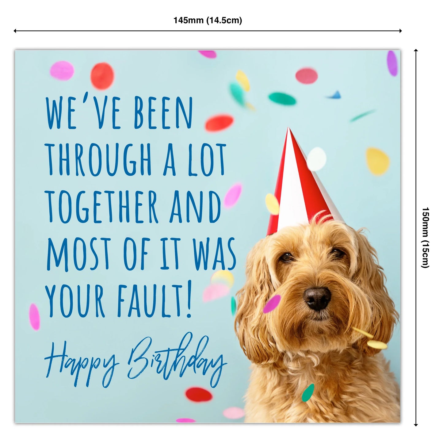 Funny birthday card with a dog in a party hat, colorful confetti, and humorous message.