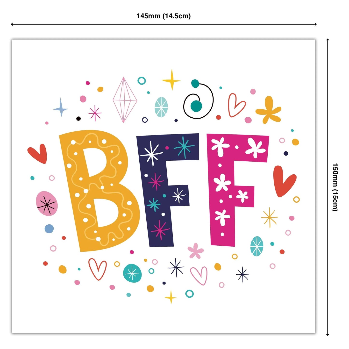 Colorful BFF greeting card with doodles, hearts, stars, and playful decorations