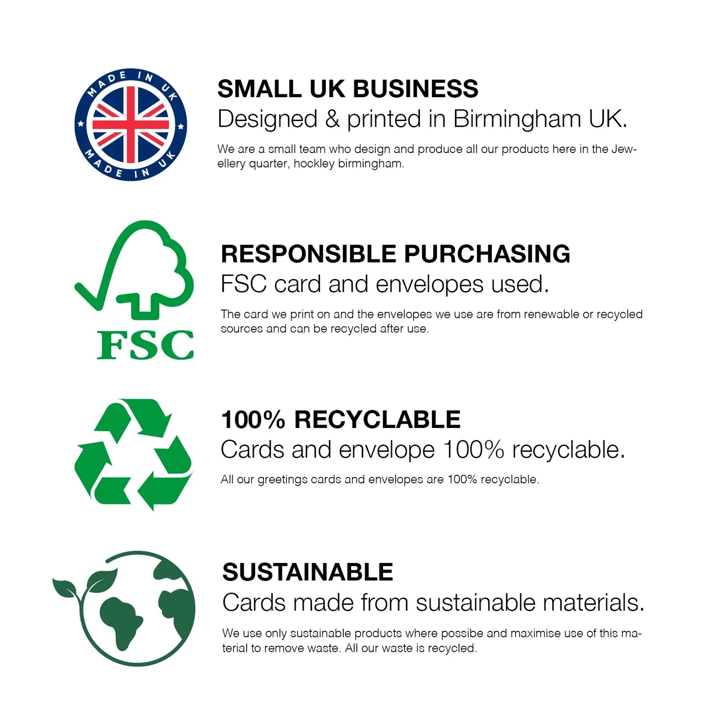 Eco-friendly greeting card info with UK flag, FSC, recycling, and sustainability icons.