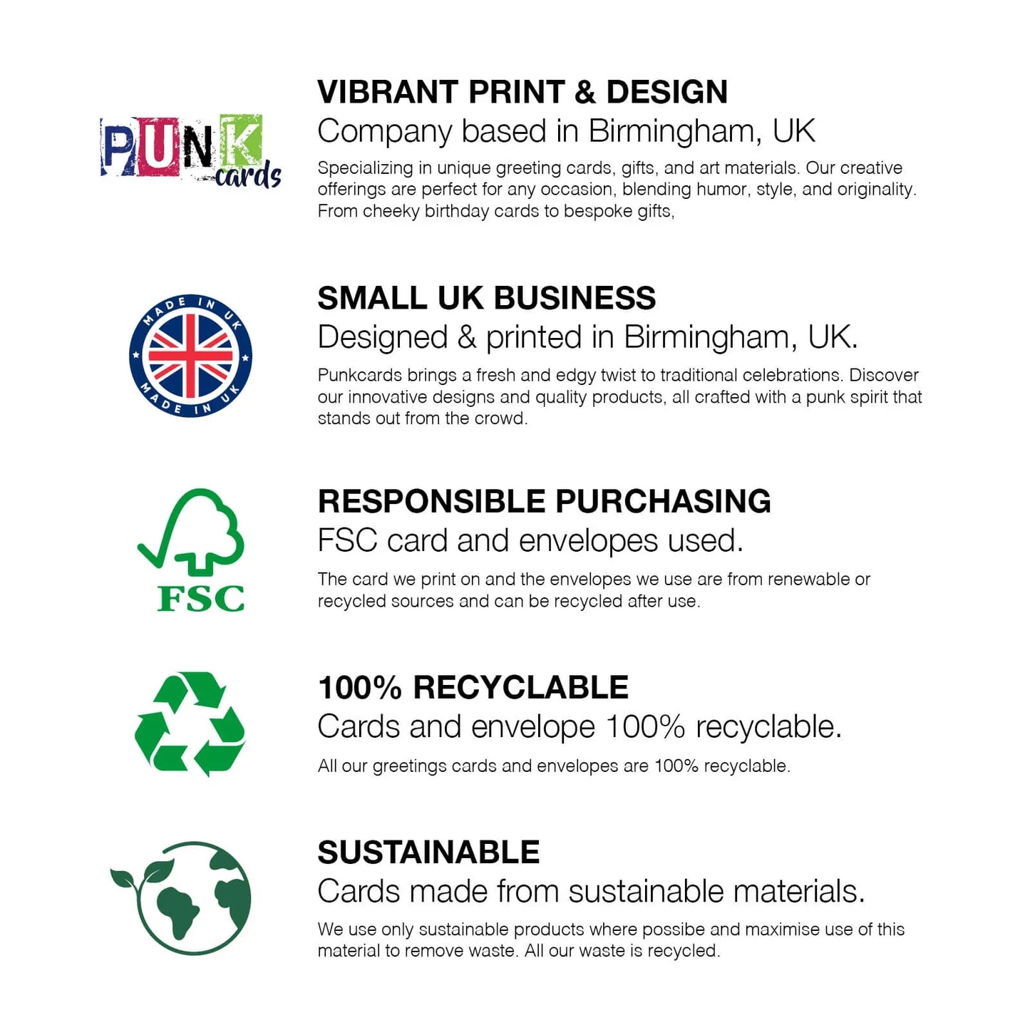 Punk Cards info graphic highlighting vibrant print, recyclable greeting cards, FSC sustainability, and UK-made business.