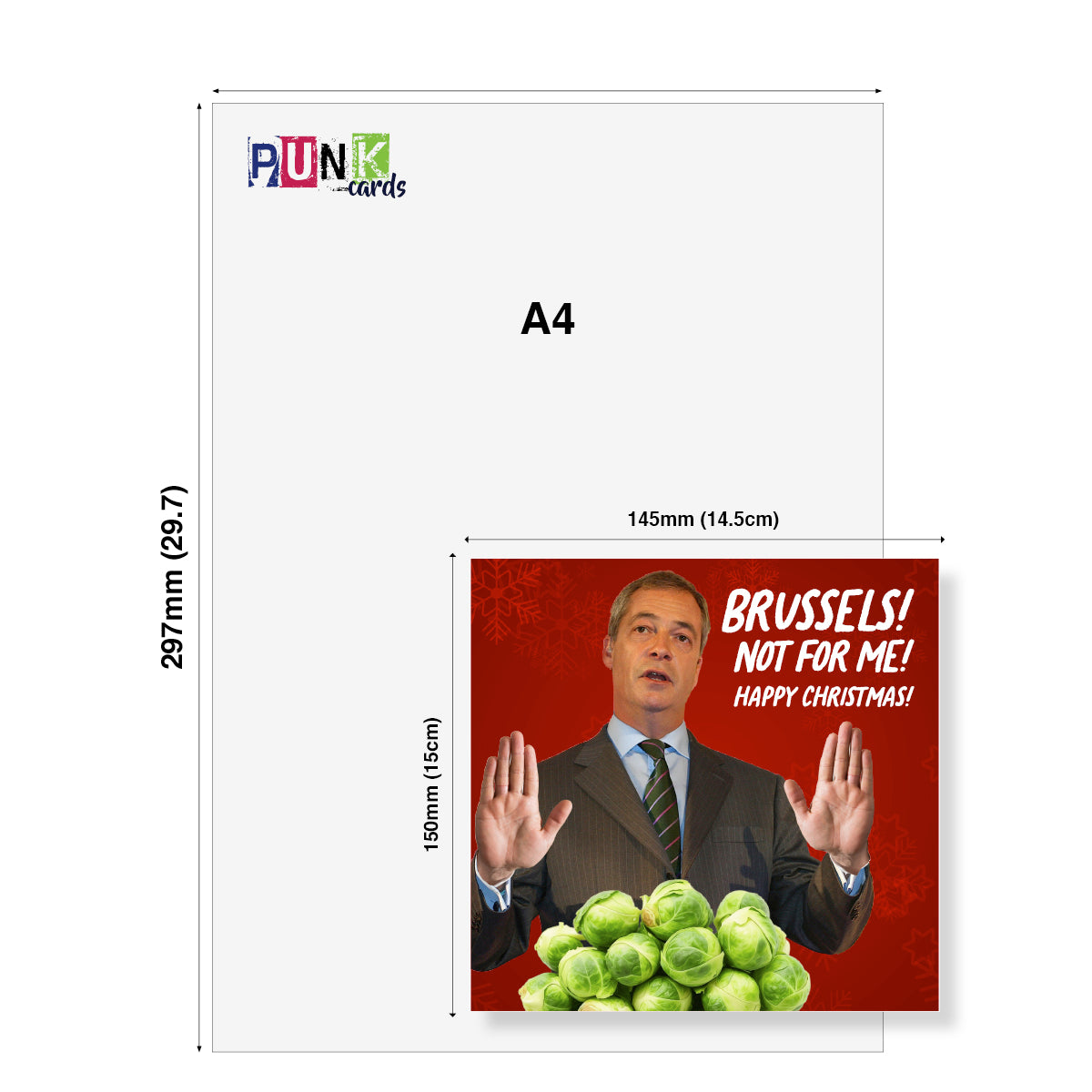 A4 size paper with a printed design of a person holding Brussels sprouts and text, featuring the brand 'PUNK cards'.