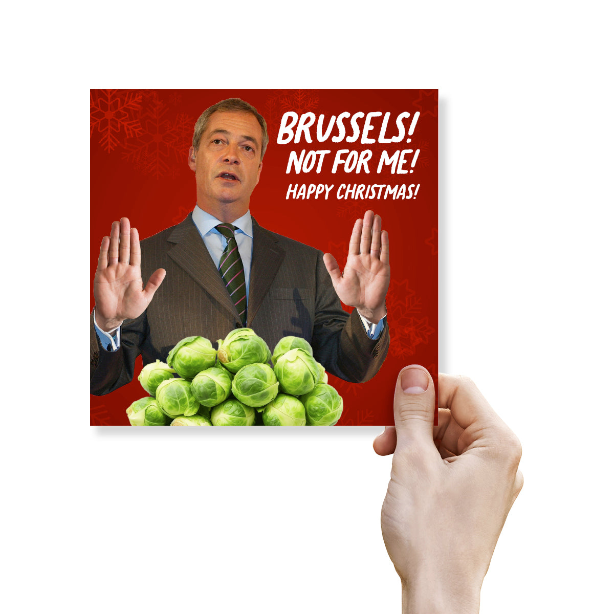 Card with a person holding Brussels sprouts and text on a red background