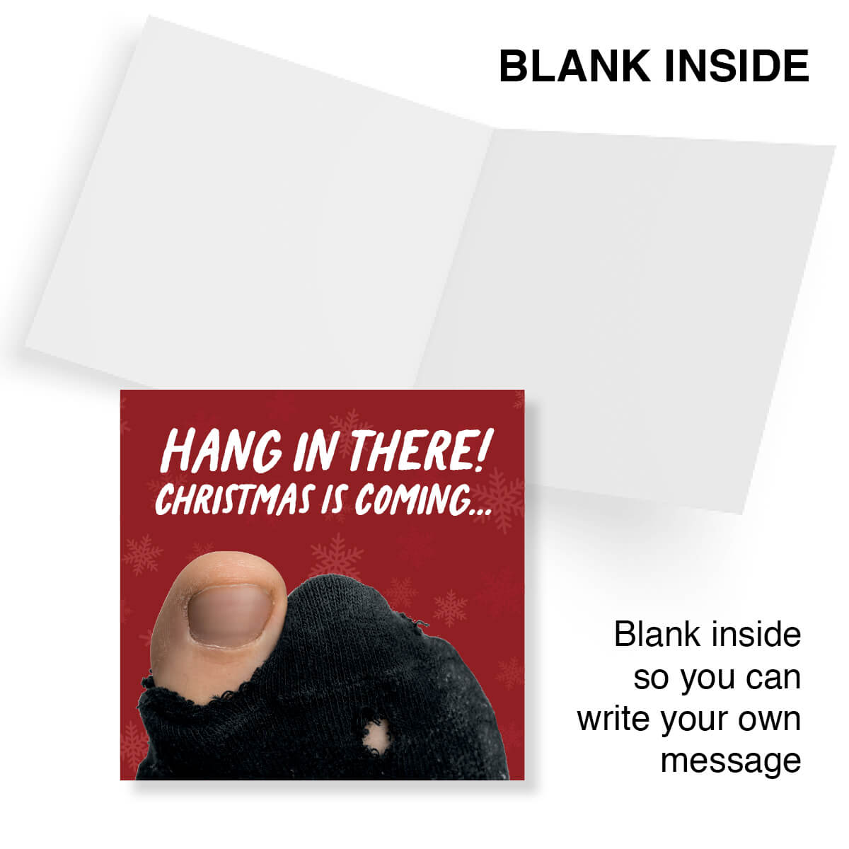 Inside of funny Christmas card – blank inside for your own message.