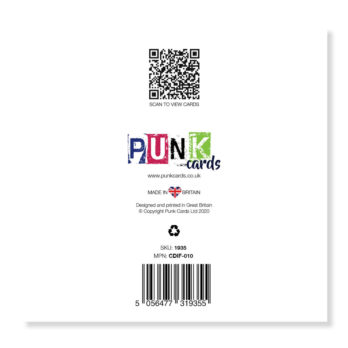 Back of Christmas card showing Punk Cards logo, barcode and Made in Britain label.