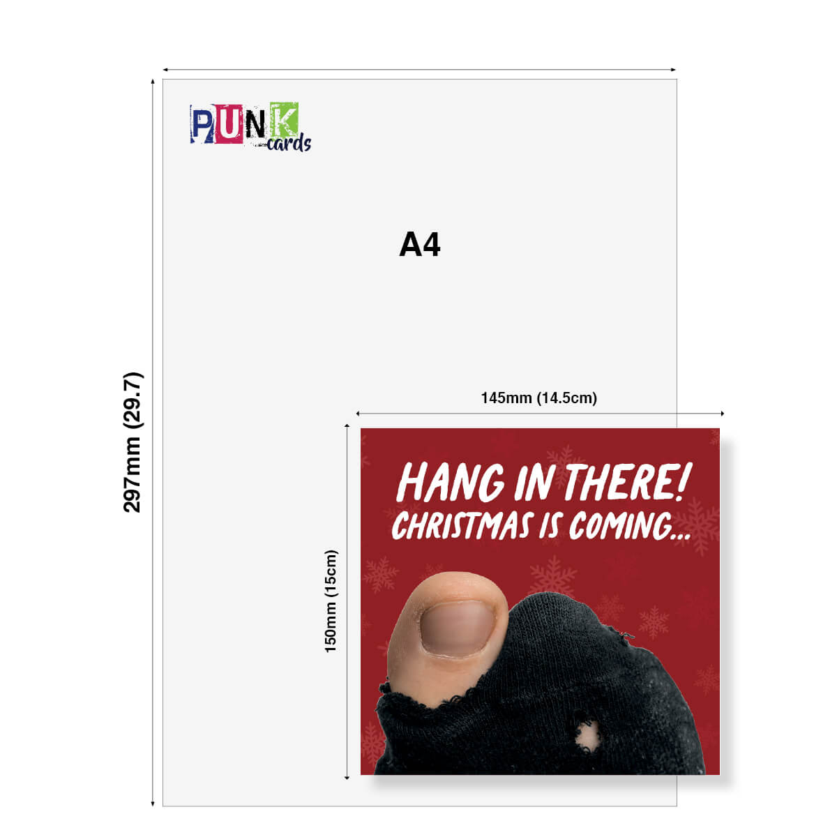 Funny Christmas card shown next to A4 sheet for size comparison