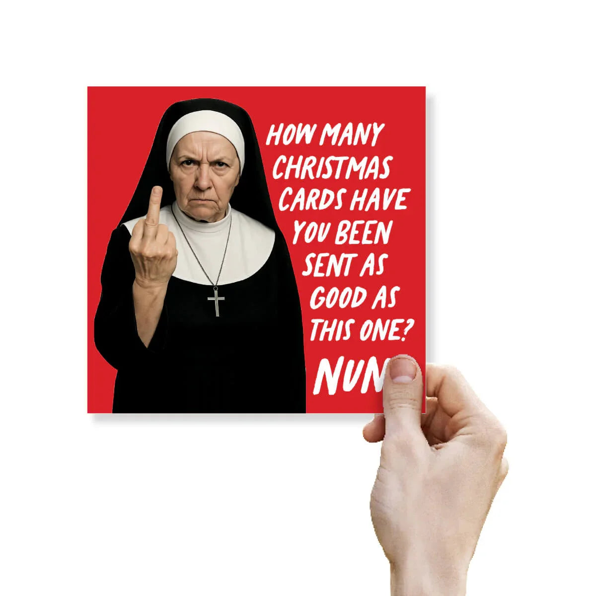 Funny Christmas card with an angry nun showing middle finger and humorous text on red background