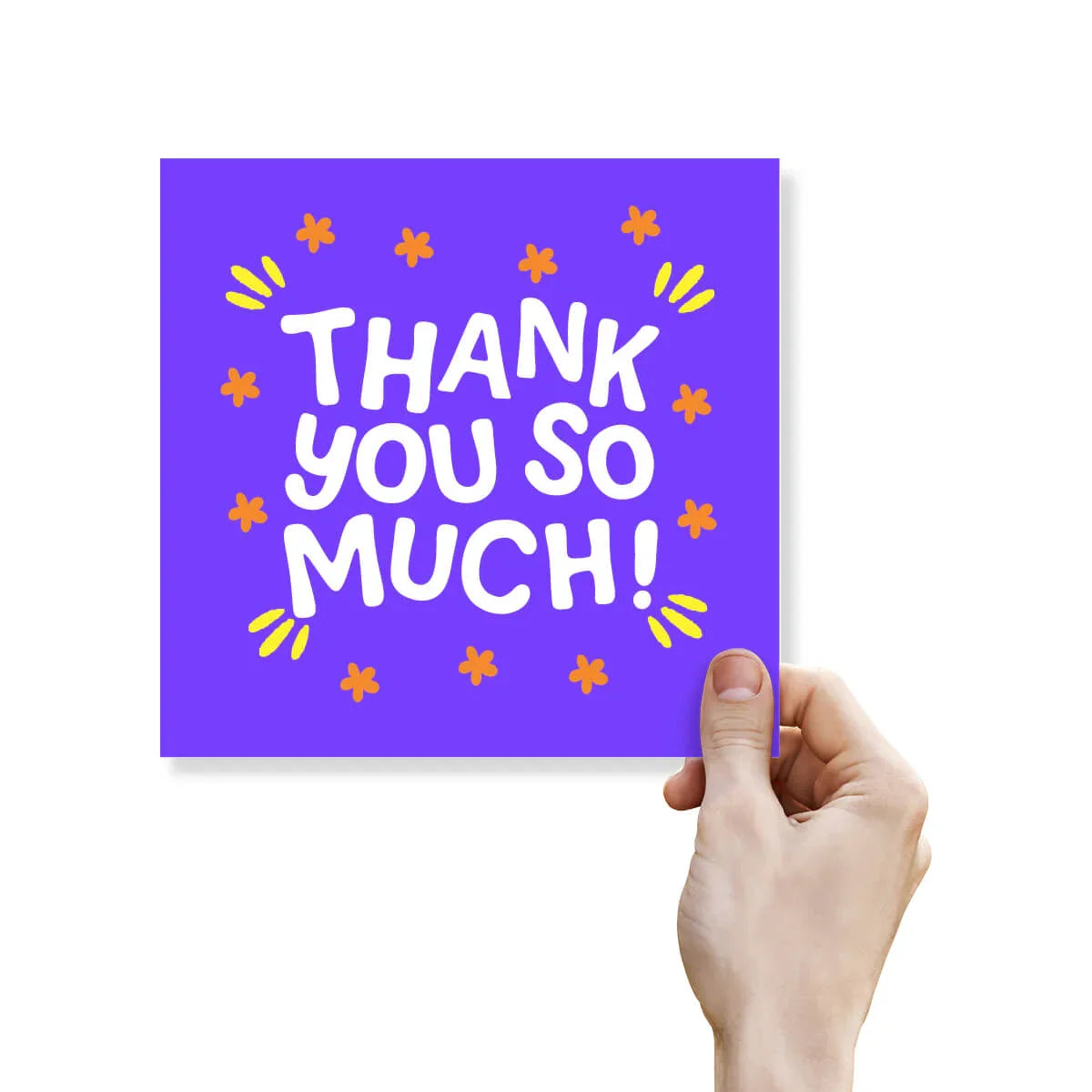 Hand holding purple thank you card with bold white text and yellow accents, greeting card