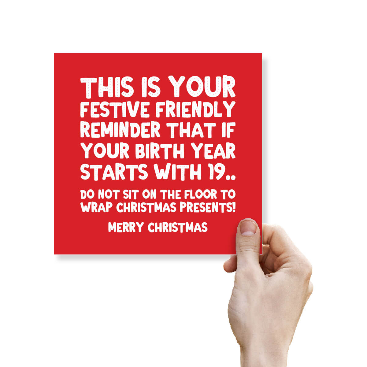 Hand holding funny ageing Christmas card about wrapping presents