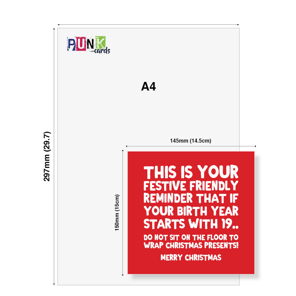 Funny Christmas card size shown as 145mm by 150mm