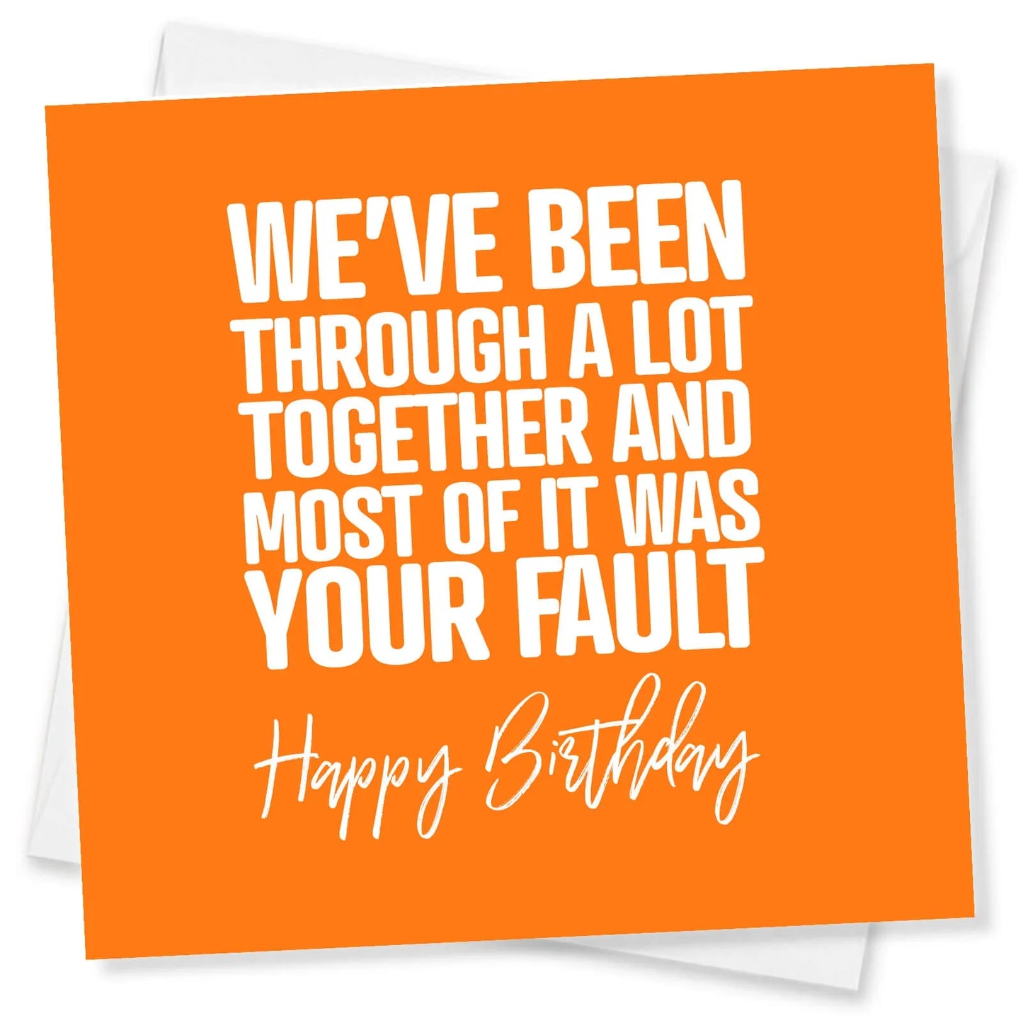 Orange birthday card with humorous white text on a white background