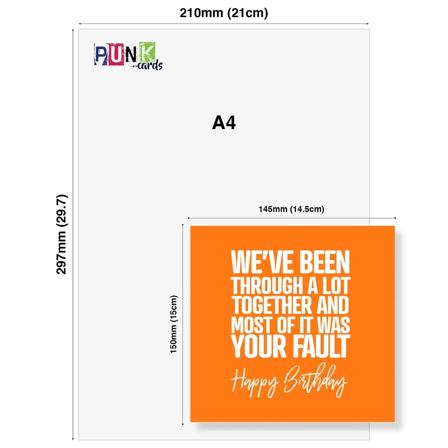 Orange card with humorous birthday message on a white background with dimensions and 'Punk Cards' branding.