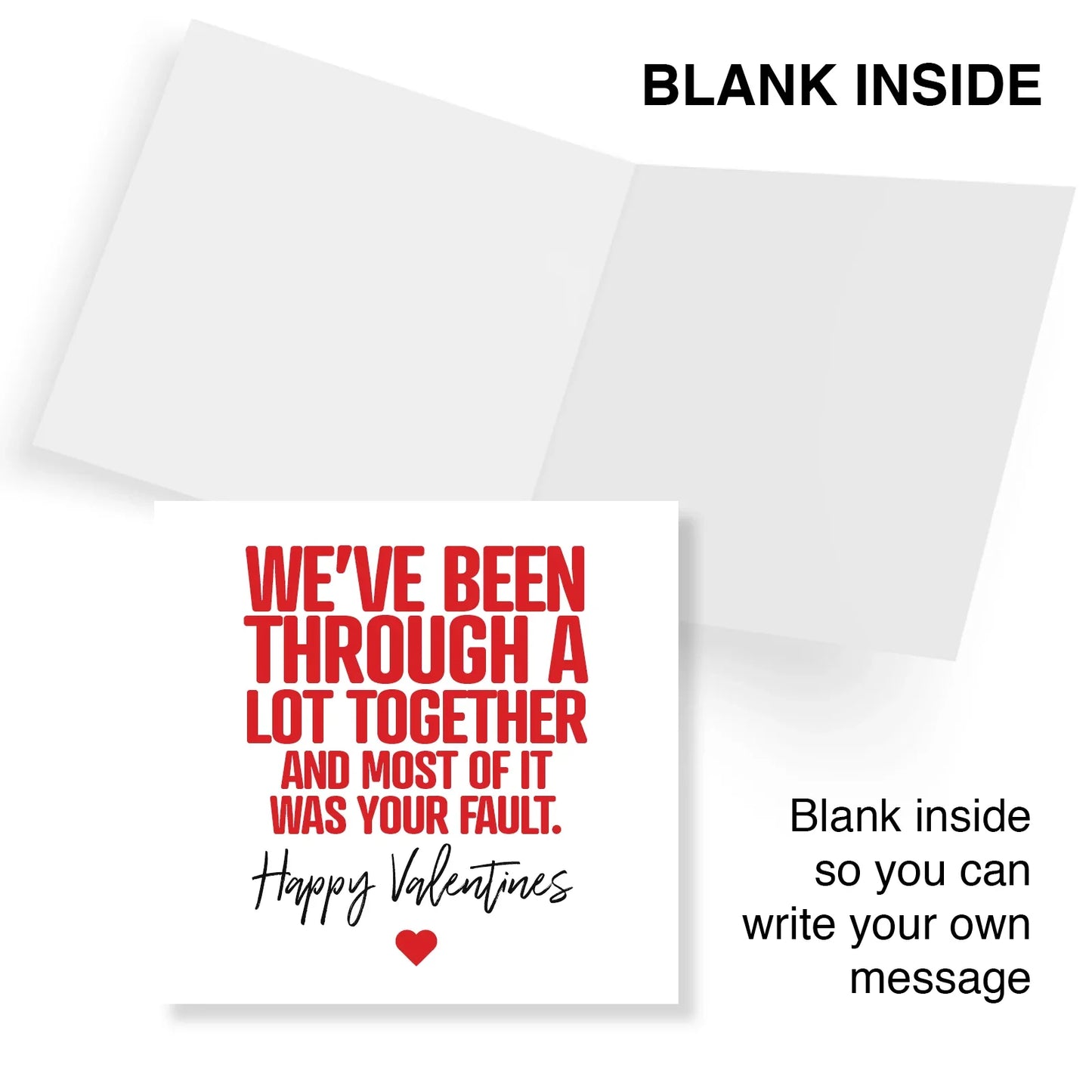 Funny Valentine's Day card with red text, blank inside for custom message