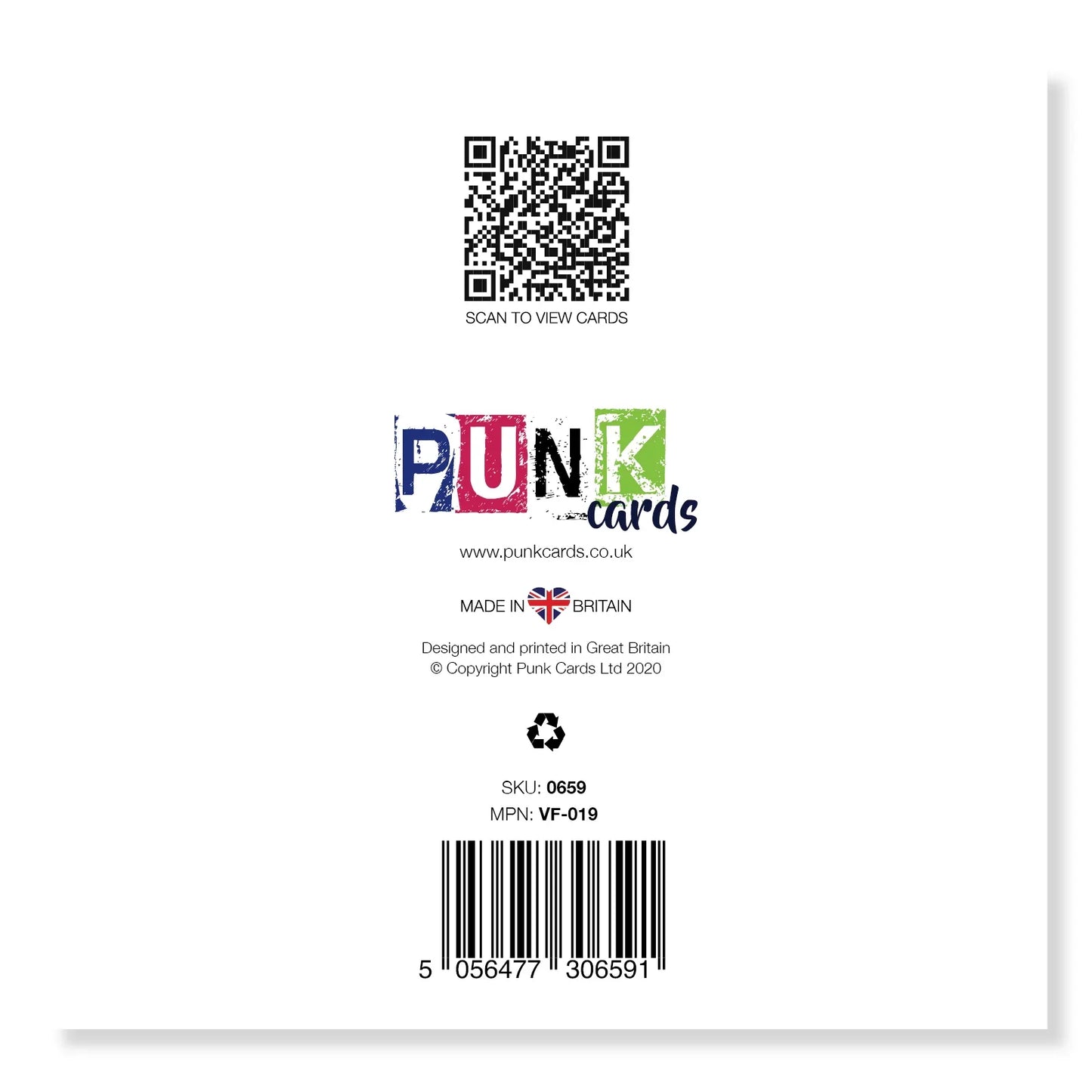 Back of a greeting card with QR code, Punk Cards logo, barcode, and product details.