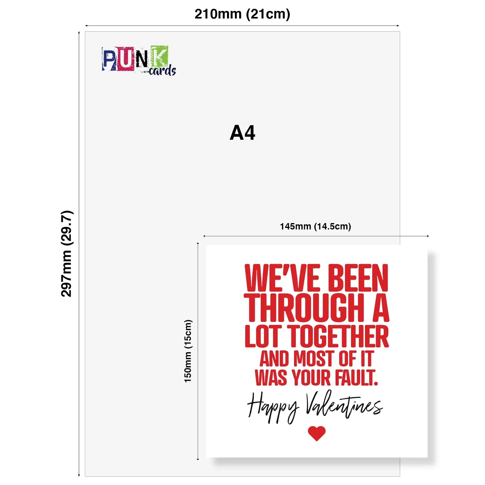 Funny Valentine card with bold red text, cheeky message, size comparison to A4 paper.