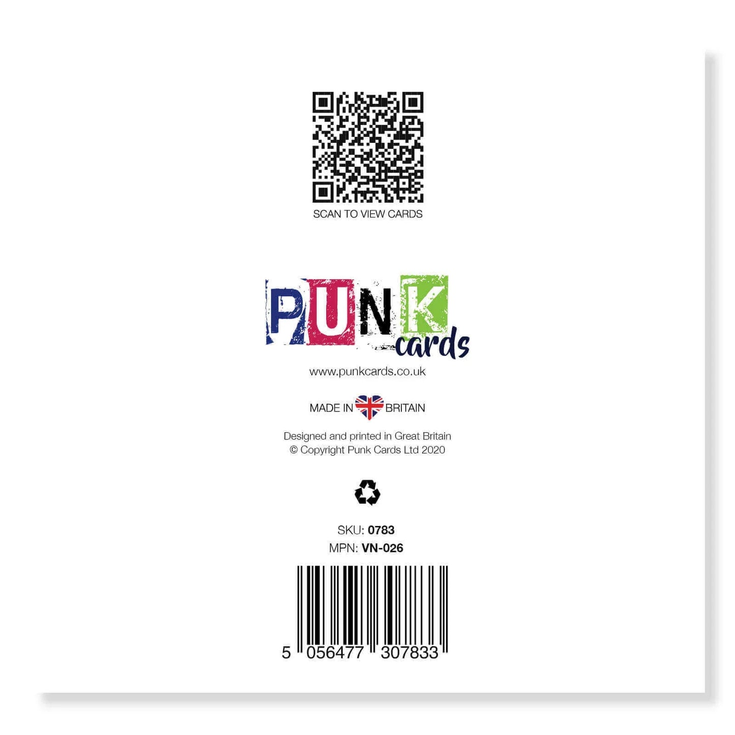 Back of a greeting card with QR code, Punk Cards logo, barcode, and Made in Britain label.