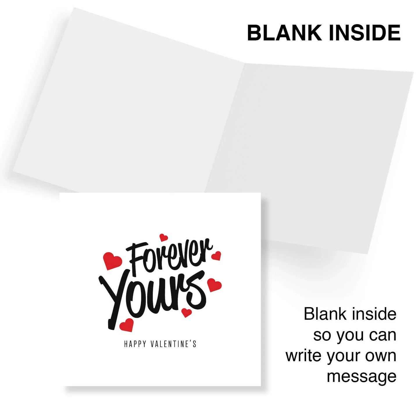 Blank inside Valentine’s card with 'Forever Yours' text and red hearts on white cover