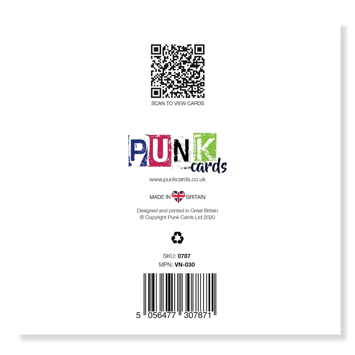 Greeting card back with QR code, Punk Cards logo, Union Jack, barcode, and recycling symbol