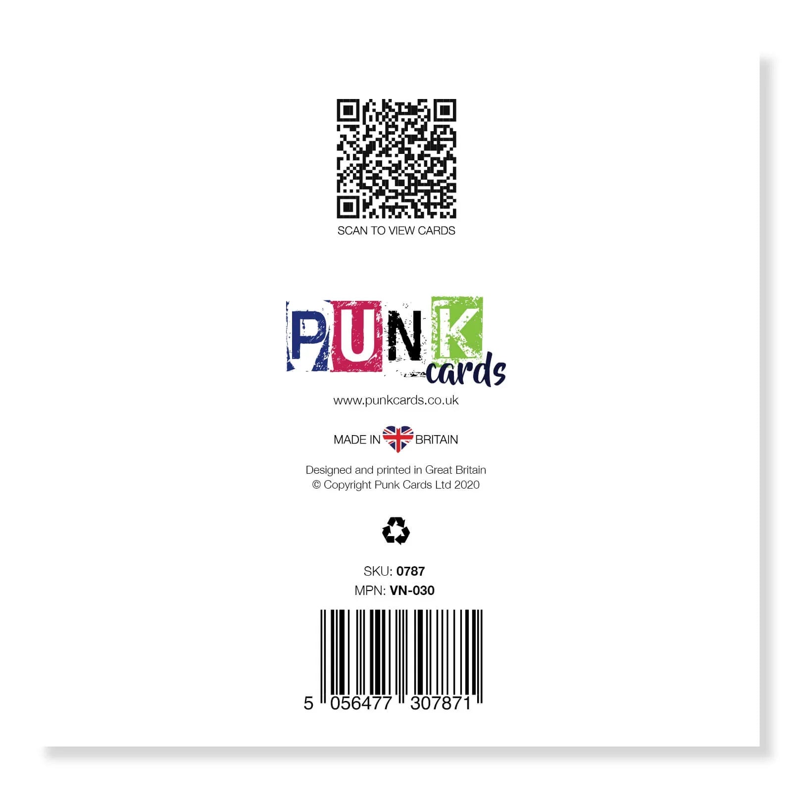 Greeting card back with QR code, Punk Cards logo, Union Jack, barcode, and recycling symbol