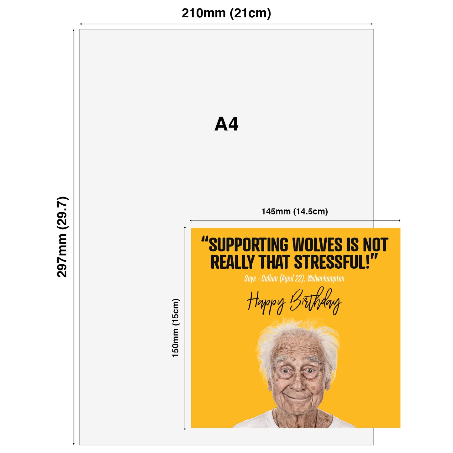 Funny football Birthday Card – Supporting Wolves Is Not Really That Stressful! - Says - Callum (Aged 22), Wolverhampton