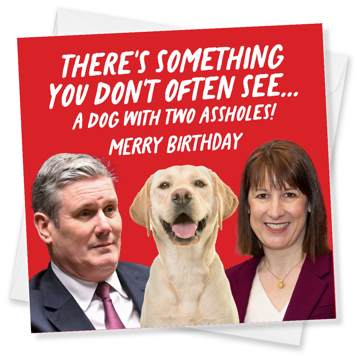 A novelty birthday card featuring a red background with white text reading 'THERE'S SOMETHING YOU DON'T OFTEN SEE.