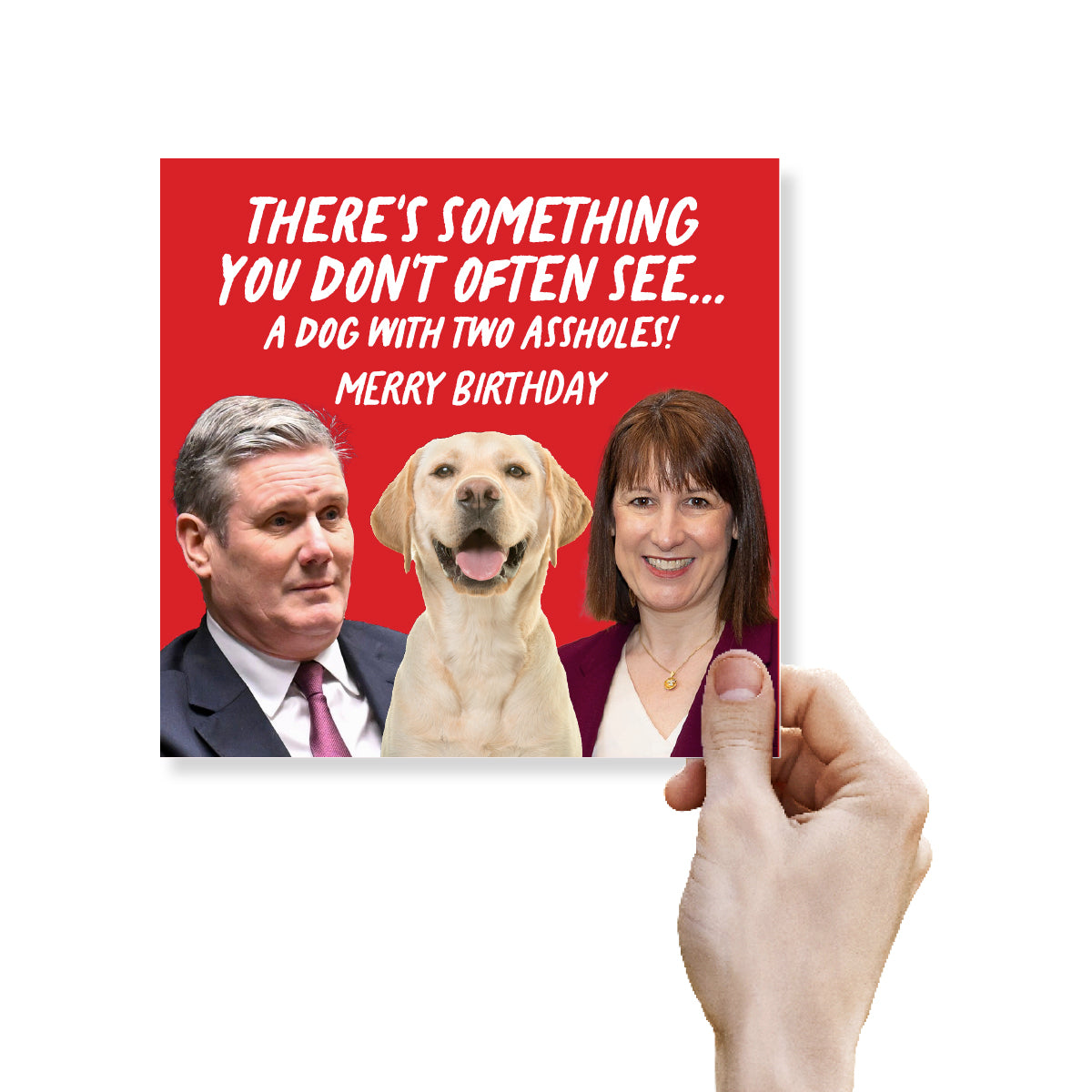 A hand holding a square printed card or sticker with a red background, white text reading 'THERE'S SOMETHING YOU DON'T OFTEN SEE.