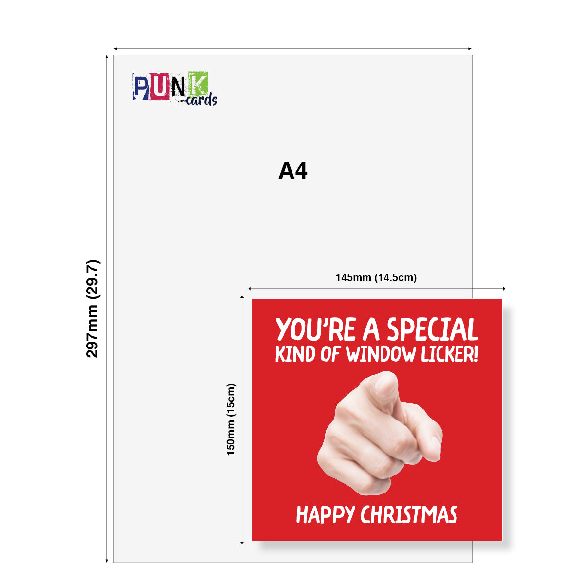 A product mockup showing an A4 card template with dimension annotations. The card is light gray with a colorful 'PUNK cards' logo in the top-left corner.