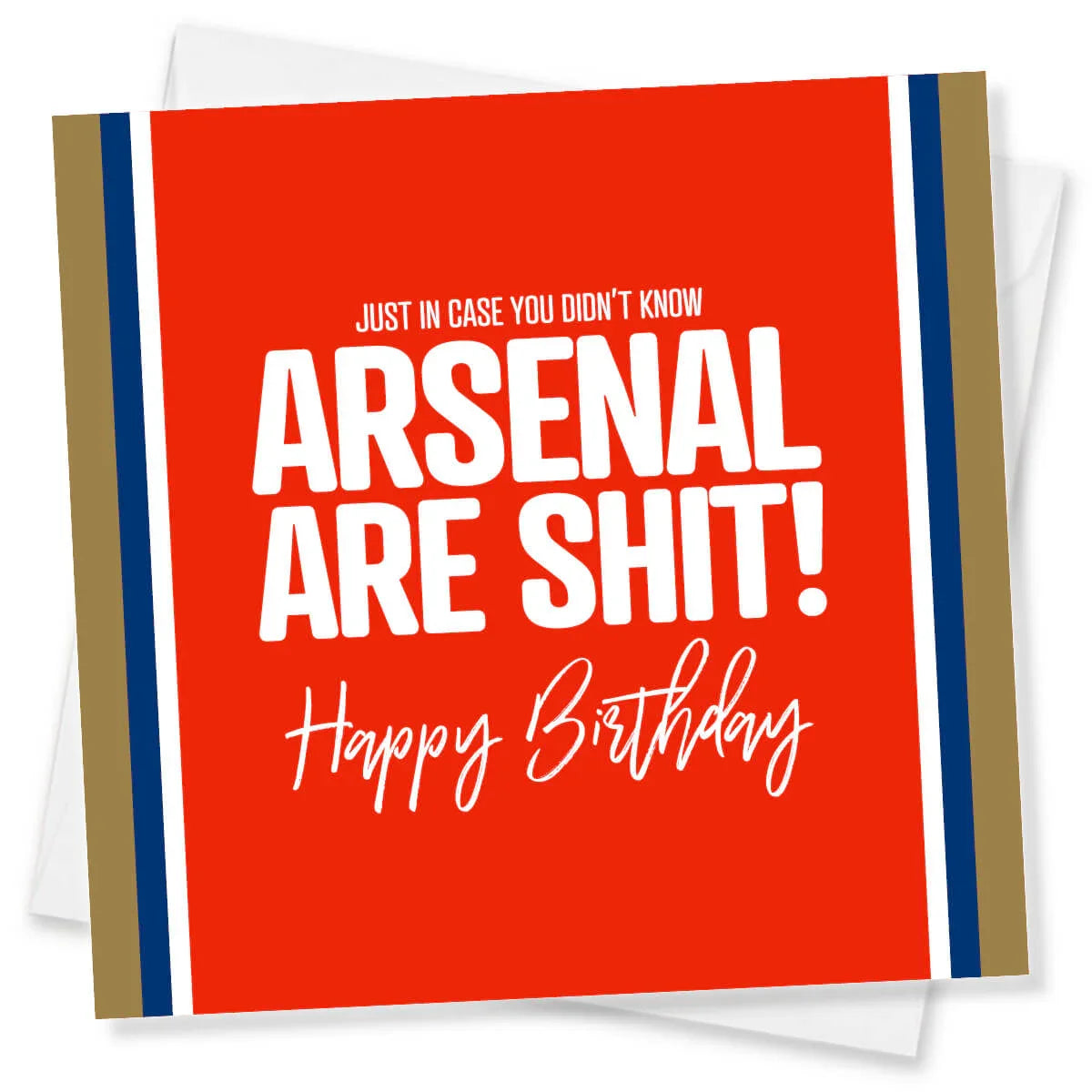 Funny red Arsenal birthday card with bold humorous text and striped border design