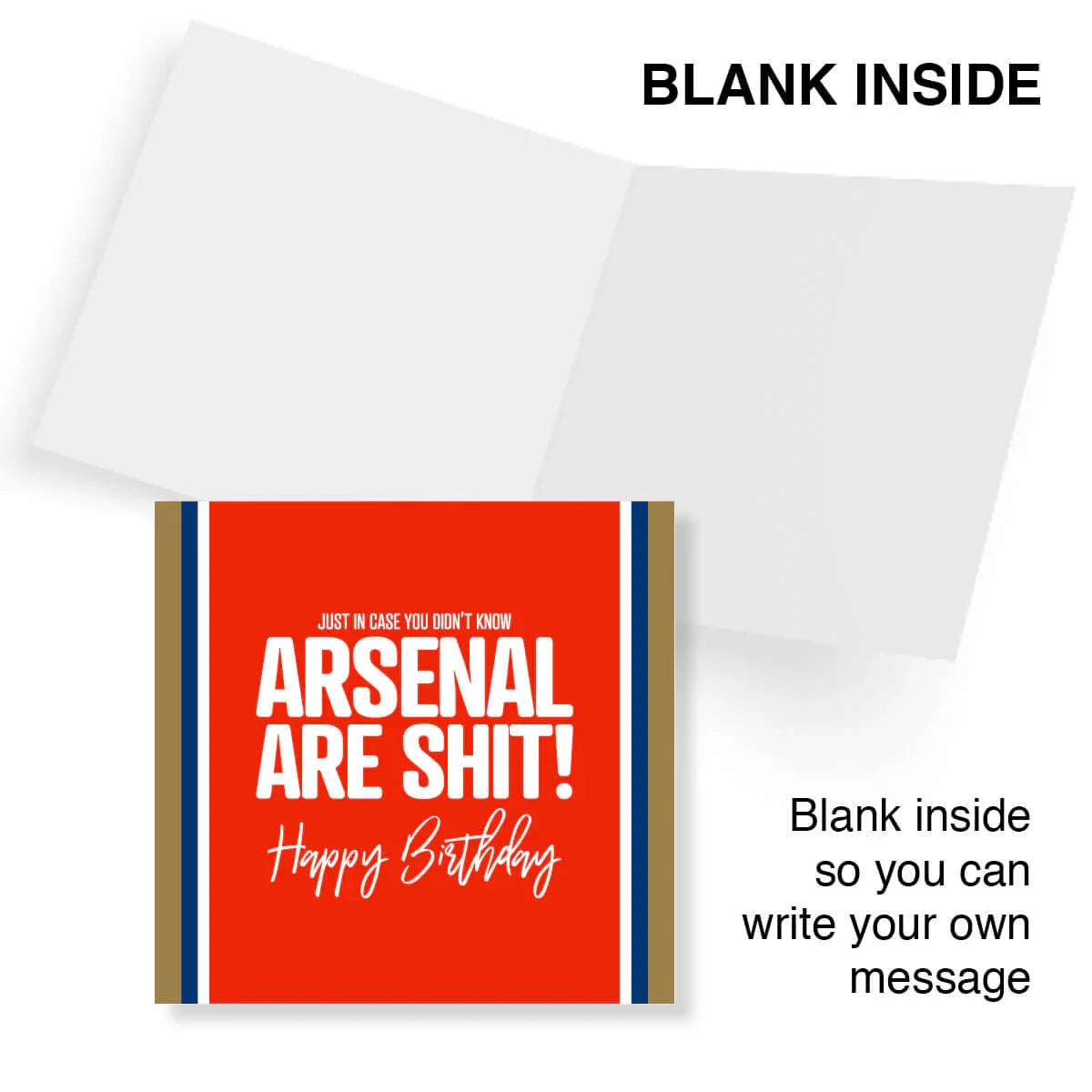 Funny Arsenal birthday card with bold red cover, white text, blank inside for message