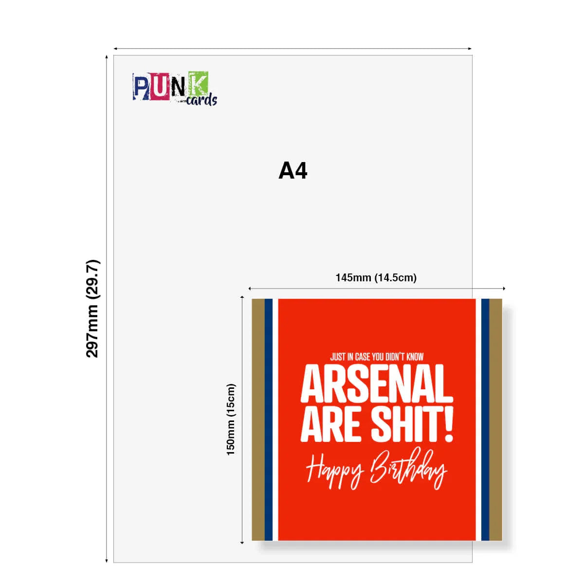 Funny rude Arsenal birthday card with bold white text on red, size comparison with A4 page.