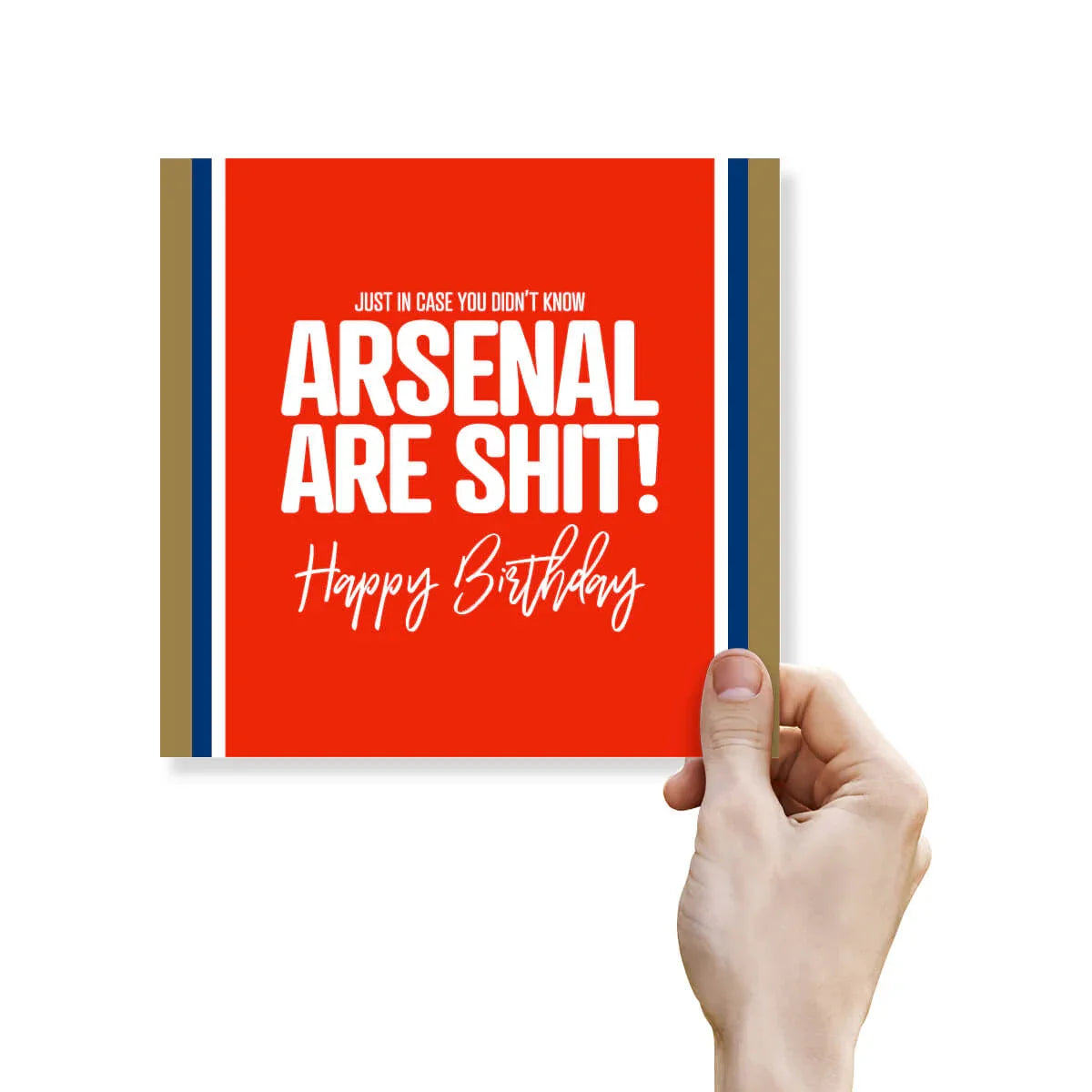 Funny red birthday card with white bold text mocking Arsenal, held by a hand.
