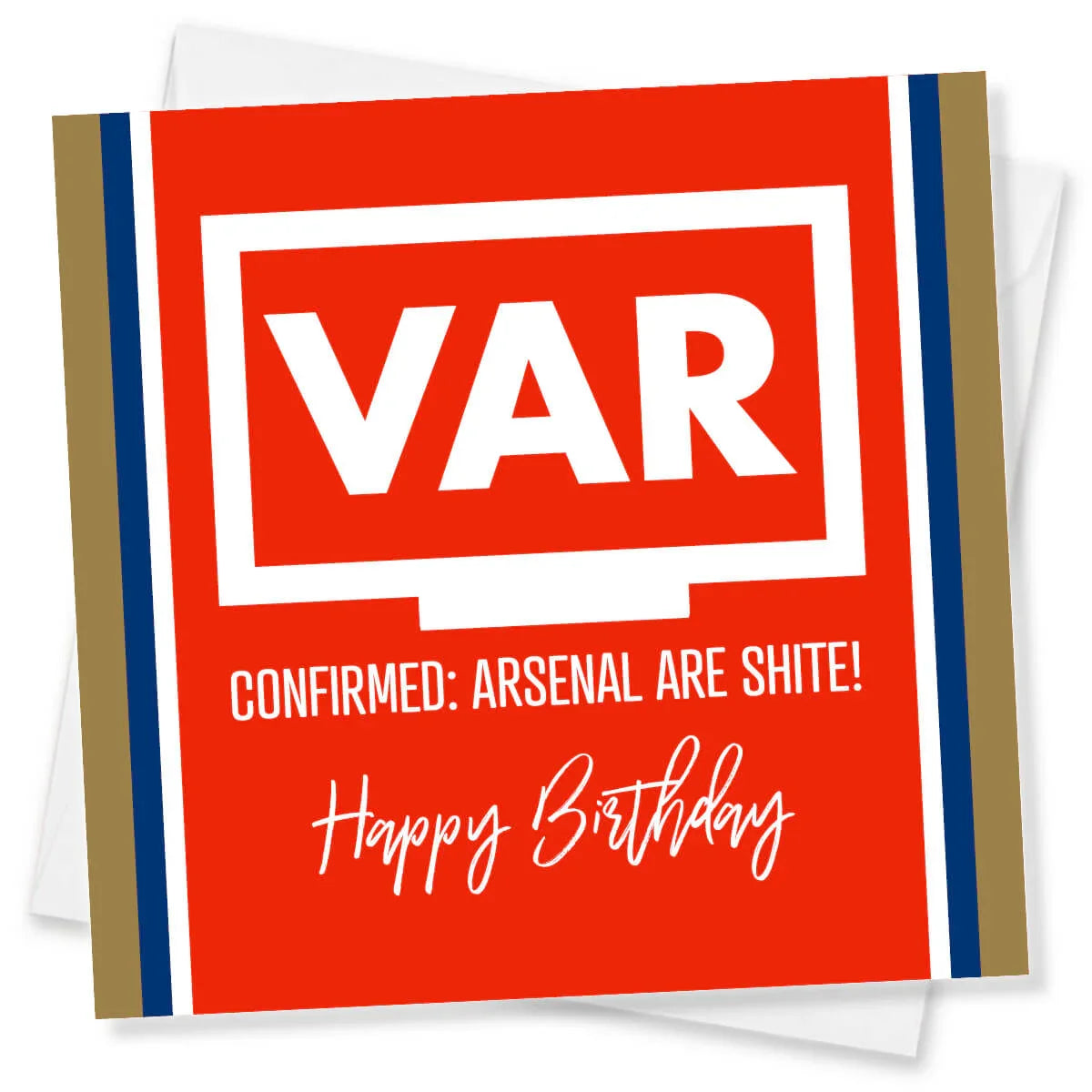 Funny football birthday card with red VAR graphic and cheeky Arsenal message.