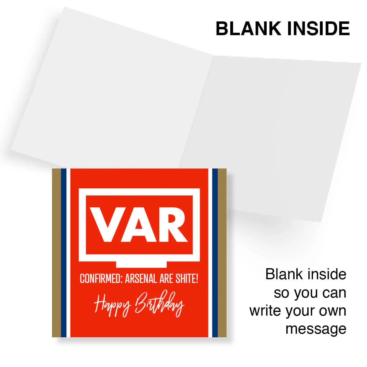Funny Arsenal VAR birthday card with red cover, cheeky message, and blank inside.