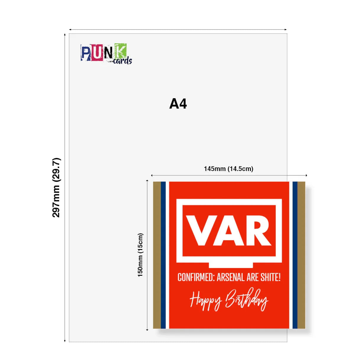 Funny VAR themed Arsenal birthday card with bold red design, cheeky football greeting, A5 size.