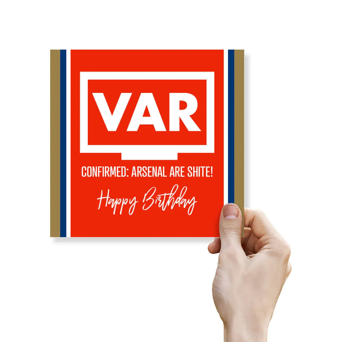 Funny red football VAR birthday card jokes about Arsenal, held by a hand on white background.
