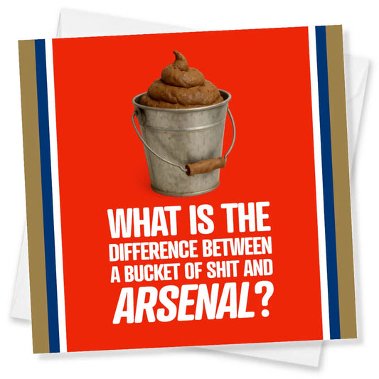 Card with a bucket of poop graphic and humorous text on a red background