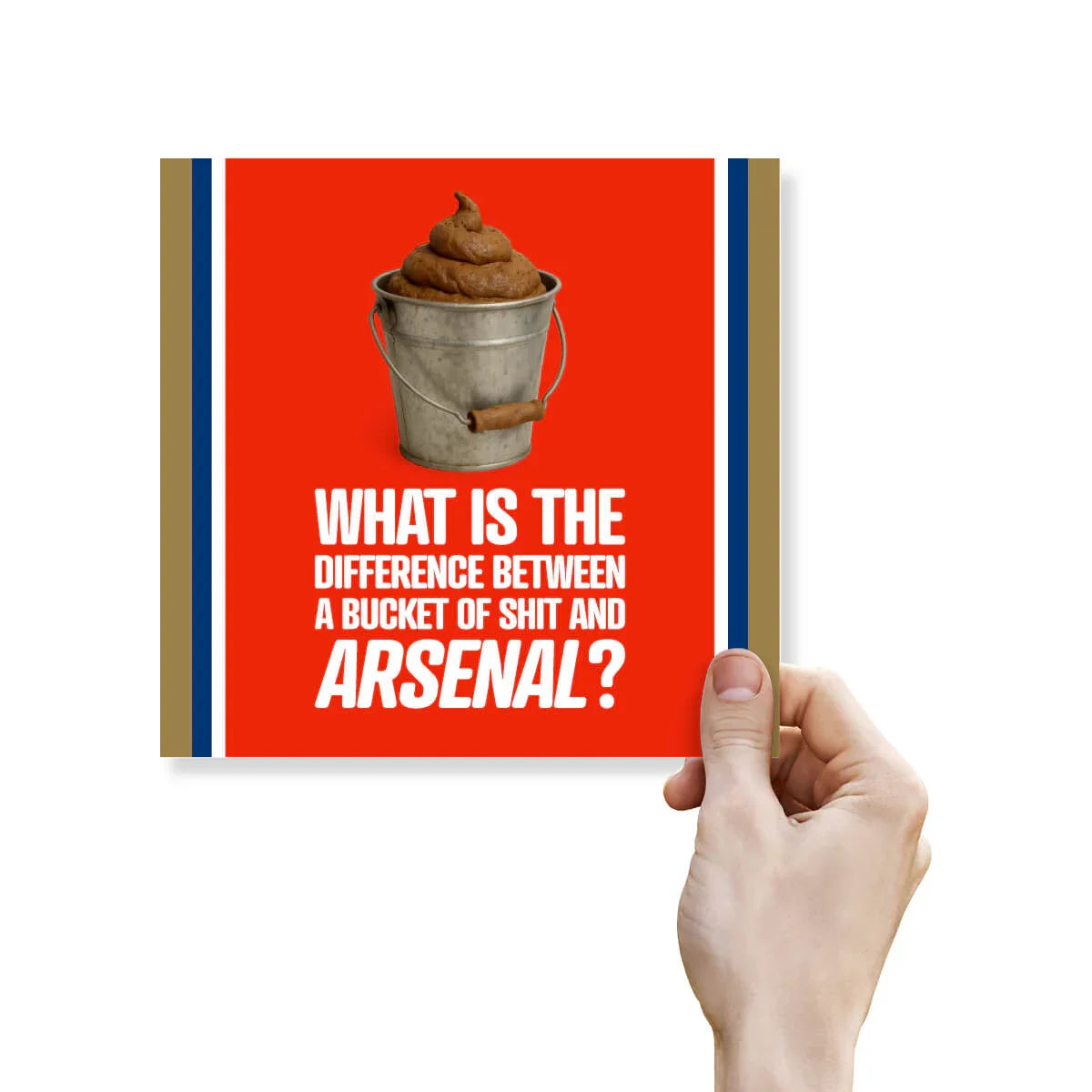 Card with a bucket of poop graphic and humorous text on a red background, held by a hand.