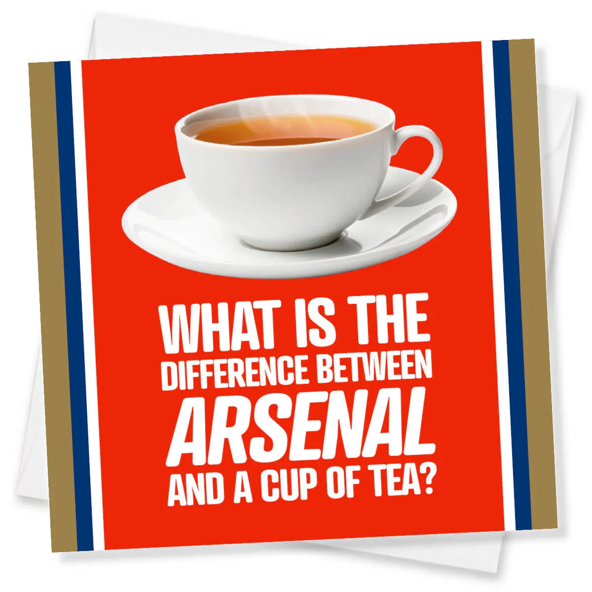Card with a cup of tea and humorous text on a red background