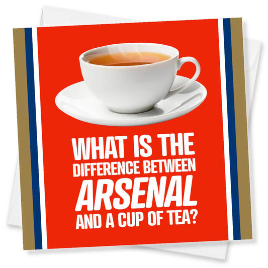 Card with a cup of tea and humorous text on a red background