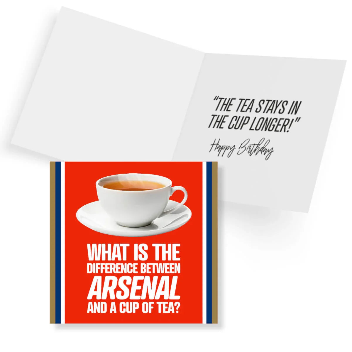 Greeting card with a cup of tea illustration and humorous text on a red background