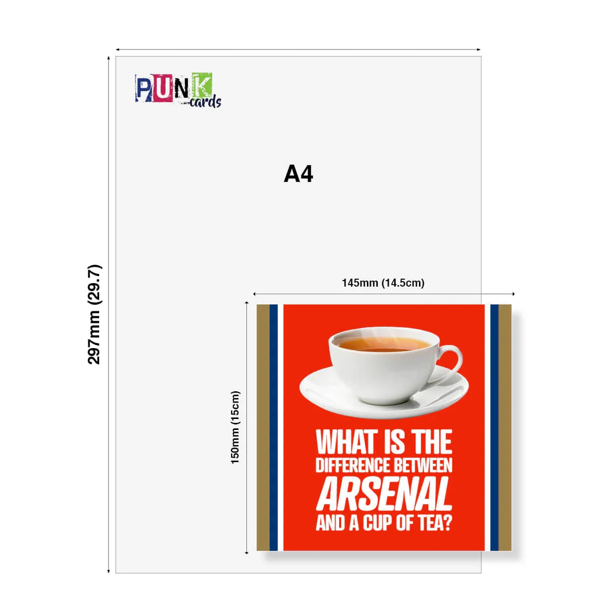 A4 size card with a cup of tea graphic and text, featuring the brand 'Punk Cards'.