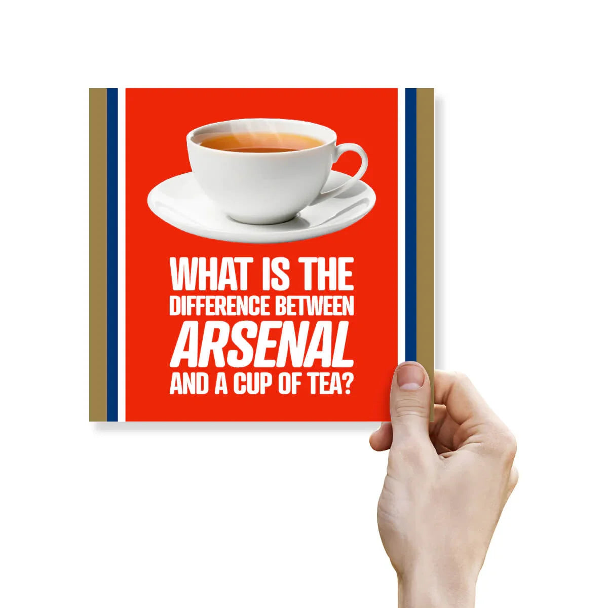 Card with a cup of tea illustration and humorous text held by a hand on a white background