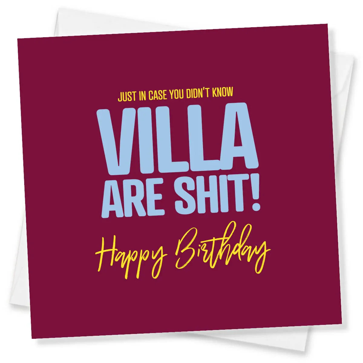 Funny rude Aston Villa birthday card with maroon background and bold humorous text.