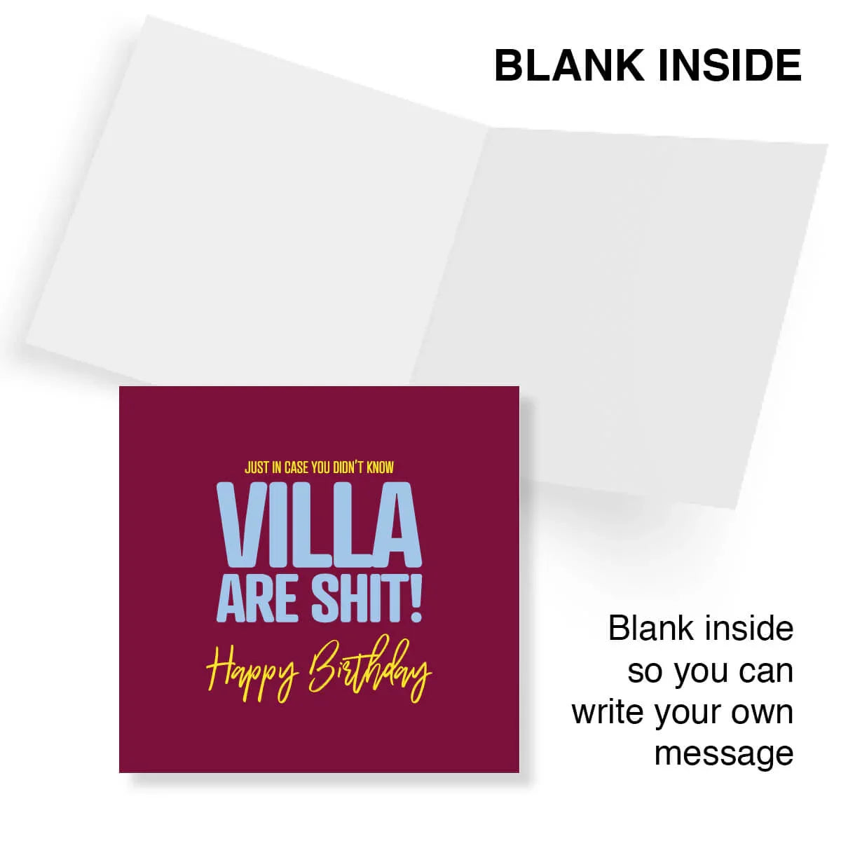 Funny rude Villa birthday card with maroon cover, bold text, and blank inside for messages.