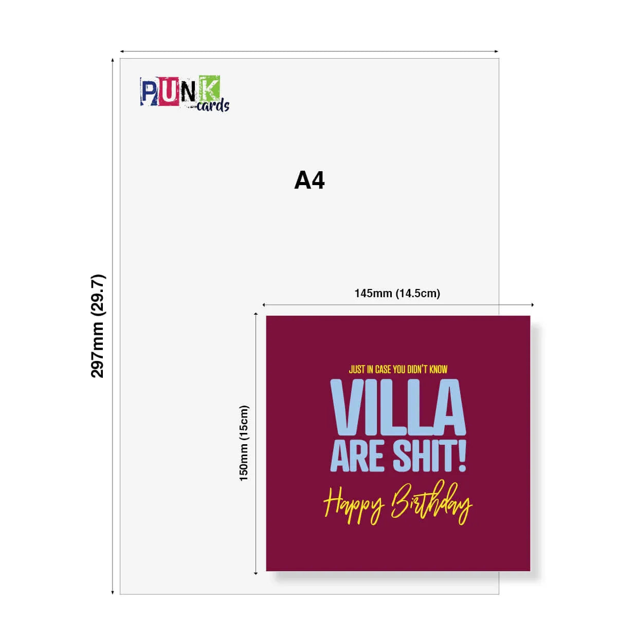 Funny rude Aston Villa birthday card with bold text, maroon background, size comparison to A4.